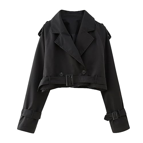 YILEEGOO Frauen Crop Jacke Herbst Langarm Zweireiher Trenchcoat mit Gürtel, Schwarz , 36 von YILEEGOO