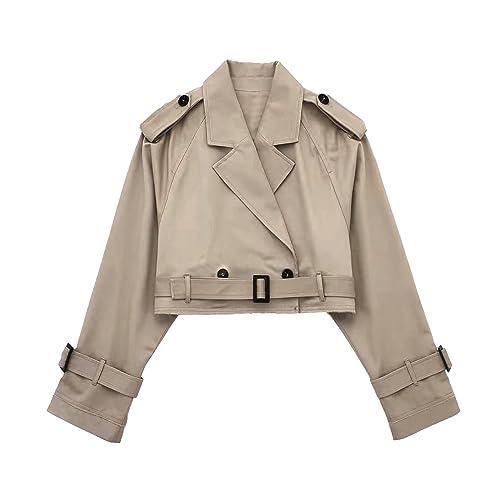 YILEEGOO Frauen Crop Jacke Herbst Langarm Zweireiher Trenchcoat mit Gürtel, khaki, 36 von YILEEGOO