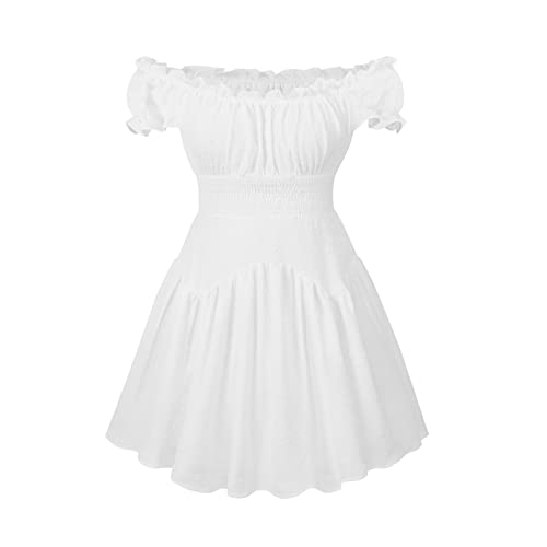 YILEEGOO Frauen Elegante Puffärmel Kleid Off Schulter Minikleid Quadratischer Ausschnitt Rüschen A Linie Flowy Swing Kleid Gesmokt Sommerkleid Süße Party Kleid, D-weiß, Small von YILEEGOO