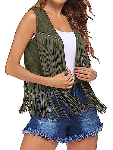YILEEGOO Frauen Quaste Fransen Weste 70er Jahre Hippie Faux Wildleder Nieten Ärmellos Jacke Cardigan Tops, armee-grün, 38 von YILEEGOO