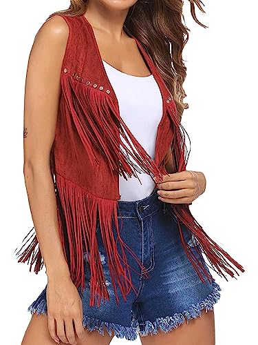 YILEEGOO Frauen Quaste Fransen Weste 70er Jahre Hippie Faux Wildleder Nieten Ärmellos Jacke Cardigan Tops, rot, M von YILEEGOO