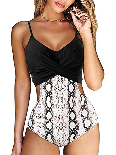 YILEEGOO Frauen Wrap Einteiler Push Up Hohe Taille Badeanzüge Ausschnitt Monokini Bademode, Schlangenleder-Optik, XL von YILEEGOO