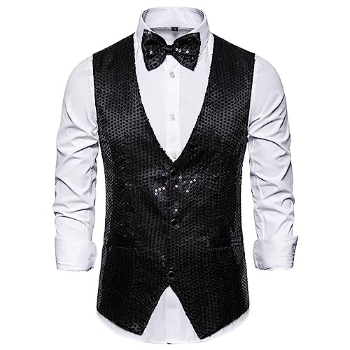 YILEEGOO Herren Glänzende Pailletten Weste V-Ausschnitt Regular Fit Party Kleid Anzug Weste Fliege 2 Stück Set, Schwarz , L YILEEGOO Herren Glänzende Pailletten Weste V-Ausschnitt Regular Fit Party Kleid Anzug Weste Fliege 2 Stück Set, Schwarz , L von YILEEGOO