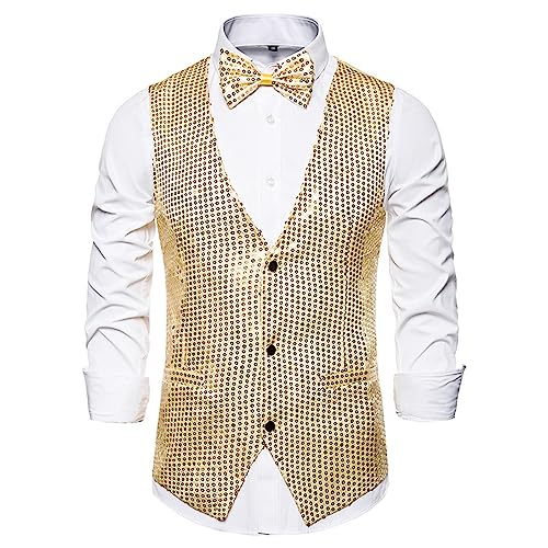 YILEEGOO Herren Glänzende Pailletten Weste V-Ausschnitt Regular Fit Party Kleid Anzug Weste Fliege 2 Stück Set, gold, S von YILEEGOO