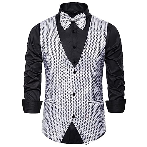 YILEEGOO Herren Glänzende Pailletten Weste V-Ausschnitt Regular Fit Party Kleid Anzug Weste Fliege 2 Stück Set, silber, XL von YILEEGOO