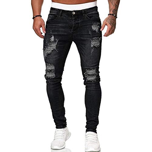 YILEEGOO Klassische Jeans für Herren, schmale Passform, gerissene Jeans, modische Wild-Denim-Hose, Frühling, Herbst, legere Stretch-Stifthose, Streetwear mit Taschen, Schwarz , 36-41 von YILEEGOO