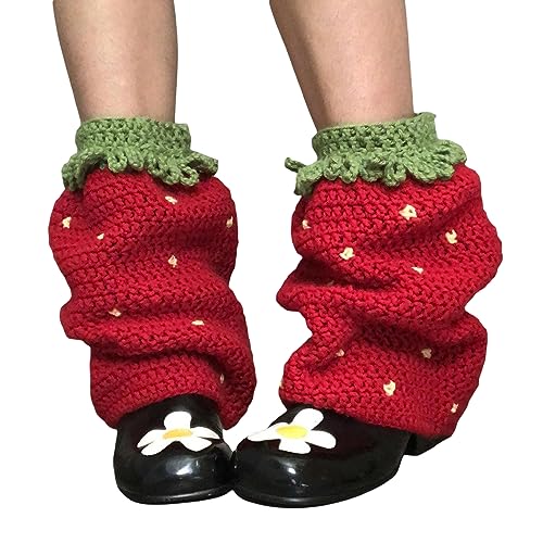 YILEEGOO Lässige gestrickte Beinstulpen für Damen, Winter, warme Florsocken, einfarbig, Grobstrick, Baggy-Socken, Streetwear, 2# Rote Erdbeere, One size von YILEEGOO