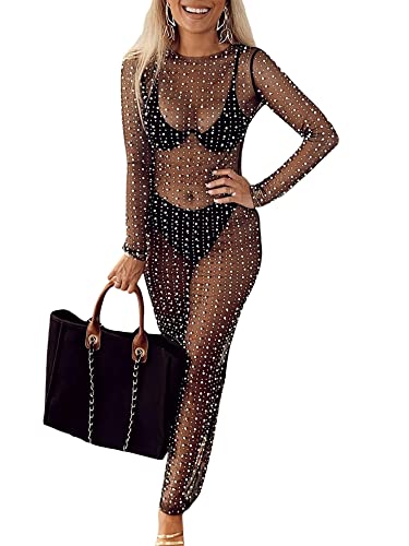 YILEEGOO Sexy Damen Sheer Mesh Perle Strass Cover Up Kleid Strand Bademode Bikini Badeanzug Cover Ups, Schwarz , M von YILEEGOO