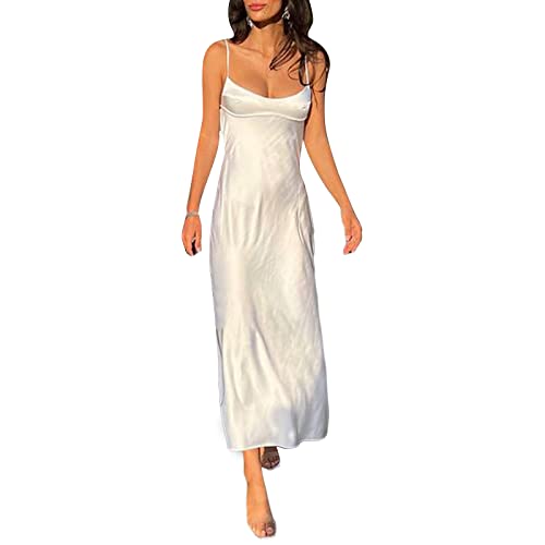 YILEEGOO Sexy Satinkleid für Damen, lässig, rückenfrei, figurbetont, schmal, Strapsrock, Hochzeit, Gast, Party, Cocktail, Abendkleid, formelles Kleid, weiß, Medium von YILEEGOO