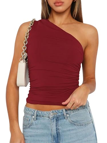 YILEEGOO Sexy ärmelloses Tanktop für Damen, schulterfrei, gerüscht, enganliegend, Y2K, trendiges Cami-Oberteil, Z1 Weinrot, Small von YILEEGOO