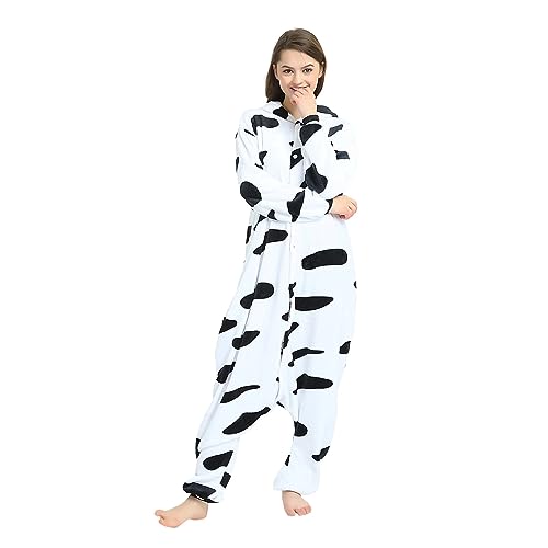 YILEEGOO Unisex Erwachsene Onesie Tier Pyjama Cartoon Kostüm Halloween Weihnachten Nachtwäsche Jumpsuit Plüsch Cosplay Pyjama Loungewear, kuh, 42 von YILEEGOO
