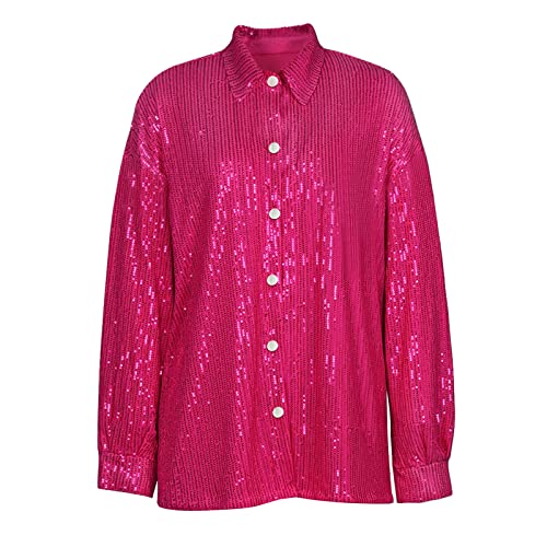 YILEEGOO Y2K Damen Glitzer Outfits Anzug Langarm Button Down Pailletten Shirt Top Glitzernde Freizeithose Bling BH Party Clubwear Kleidung Set, Rosenrotes Paillettenhemd, Small von YILEEGOO