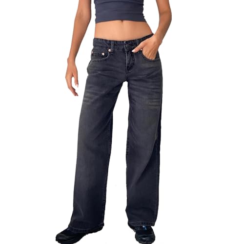 YILEEGOO Y2k Damen-Jeans mit weitem Bein, gerader Schnitt, Stretch, niedrige Taille, lockere Passform, dunkelgrau, X-Large von YILEEGOO