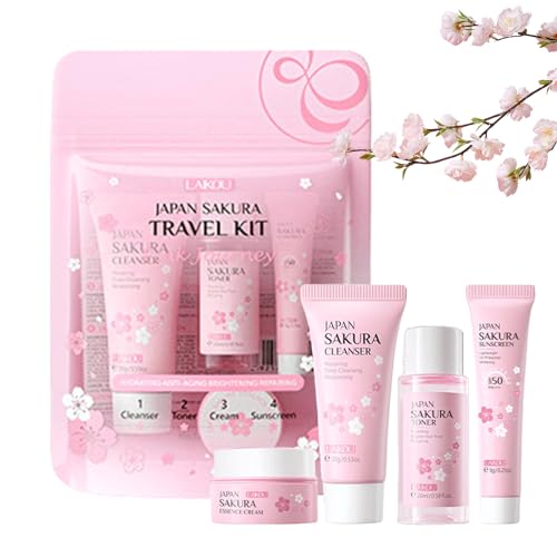 Sakura Gesichtspflege-Set, Geschenk-Set mit Reiniger, Gesichtscreme, Sonnenschutzmittel, Gesichtspflege-Set für Teenager, Mädchen, Schönheitsprodukte für Frauen, 4-teilig von YILILK