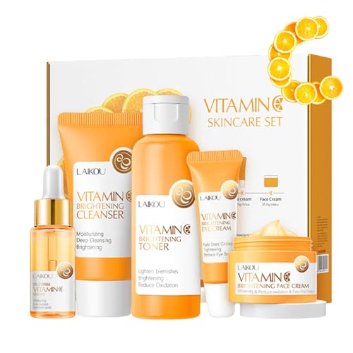 Vitamin-C-Hautpflege-Set, Hautpflege-Geschenke für Frauen, Teenager-Mädchen, Tag und Nacht, Hautpflege-Set & Kits – Reiniger, Toner, Gesichtsserum, Gesichtscreme und Augencreme (5 Stück) von MeiPlumLai