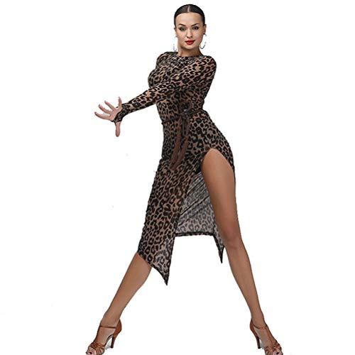 YILINFEIER Damen Sexy Leopard Hoher Schlitz Slim Fit Durchsichtig Latein Ballsaal Waltz Tango Samba Tanzkleid - Mehrfarbig - Groß von YILINFEIER