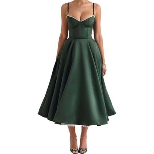 Ärmelloses Midikleid mit Hoher Taille für Damen mit Spaghettiträgern & Schwingendem Saum A-Line-Silhouette Praktische Seitentaschen für Festliche Anlässe und Hochzeite(Dark Green,X-Large) von YILKOO
