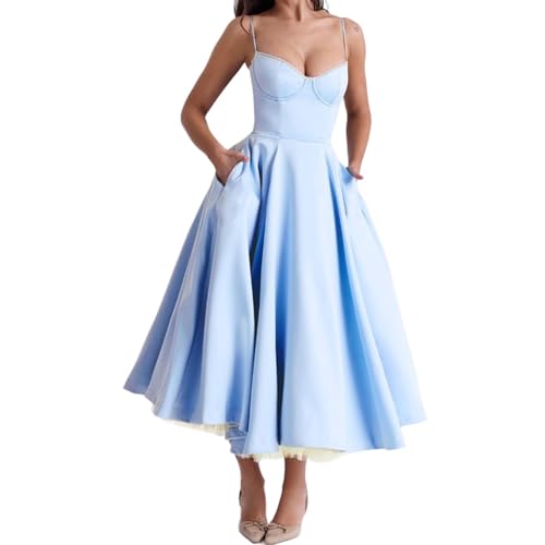 Ärmelloses Midikleid mit Hoher Taille für Damen mit Spaghettiträgern & Schwingendem Saum A-Line-Silhouette Praktische Seitentaschen für Festliche Anlässe und Hochzeite(Light Blue,Small) von YILKOO