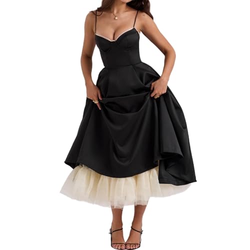 YILKOO Ärmelloses Midikleid mit Hoher Taille für Damen mit Spaghettiträgern & Schwingendem Saum A-Line-Silhouette Praktische Seitentaschen für Festliche Anlässe und Hochzeite(Black,X-Large) von YILKOO