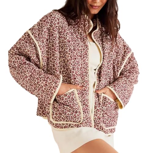 YILKOO Damen Kurz Pufferjacke mit Blumendruck Winter Vintage Offene Jacke Vorne Leichte Steppjacke mit Langen Ärmeln(style 1,M) von YILKOO