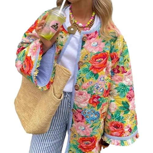 YILKOO Damen Kurz Pufferjacke mit Blumendruck Winter Vintage Offene Jacke Vorne Leichte Steppjacke mit Langen Ärmeln(style 4,S) von YILKOO