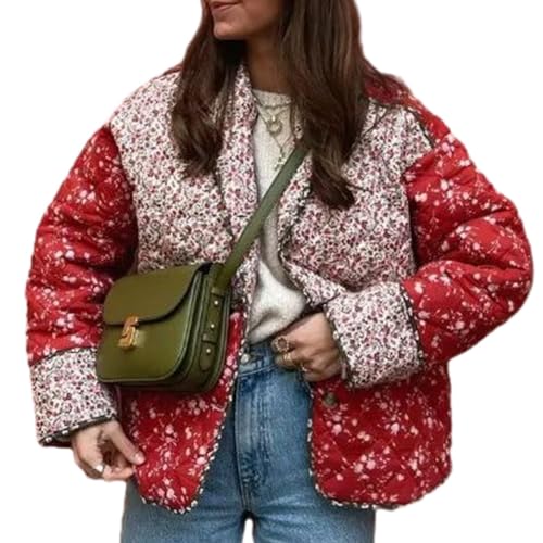 YILKOO Damen Kurz Pufferjacke mit Blumendruck Winter Vintage Offene Jacke Vorne Leichte Steppjacke mit Langen Ärmeln(style 7,L) von YILKOO