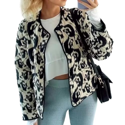 YILKOO Damen Kurz Pufferjacke mit Blumendruck Winter Vintage Offene Jacke Vorne Leichte Steppjacke mit Langen Ärmeln(style 8,M) von YILKOO