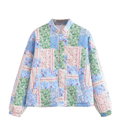 YILKOO Damen Kurz Pufferjacke mit Blumendruck Winter Vintage Offene Jacke Vorne Leichte Steppjacke mit Langen Ärmeln(style 9,M) von YILKOO