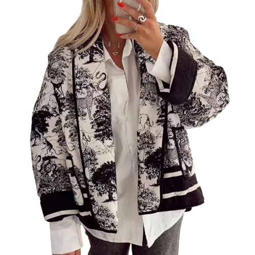 YILKOO Damen Pufferjacke mit Blumendruck Bomberjacke Oberbekleidung Warm Leicht Gesteppt Mäntel mit langen Ärmeln(Black,S) von YILKOO