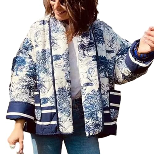 YILKOO Damen Pufferjacke mit Blumendruck Bomberjacke Oberbekleidung Warm Leicht Gesteppt Mäntel mit langen Ärmeln(Blue,S) von YILKOO