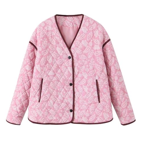 YILKOO Damen Rosa Pufferjacke mit Blumendruck Vintage Langschläfe Offene Jacke Vorne Kurz Leichte Steppjacke(M) von YILKOO