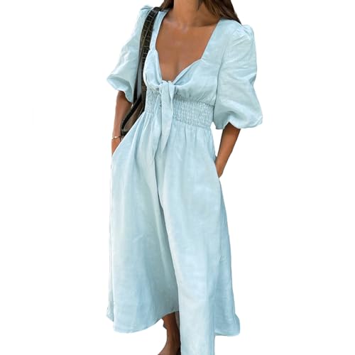 YILKOO Damen Sommerkleider mit Puffärmeln 2024 V-Ausschnitt Maxikleid Lässiges A-Linie Französisches Kleid mit Hoher Taille(L) von YILKOO