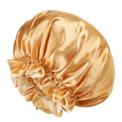 Seidenhaube FüR Frauen Damen Satin Solid Schlafmütze Nachtschlaf Haarpflege Motorhaube Schlummertrunk Seidige Duschhauben Bequeme Unisex-Kappe mit Blumenband FüR Frauen(Camel) von YILWPV