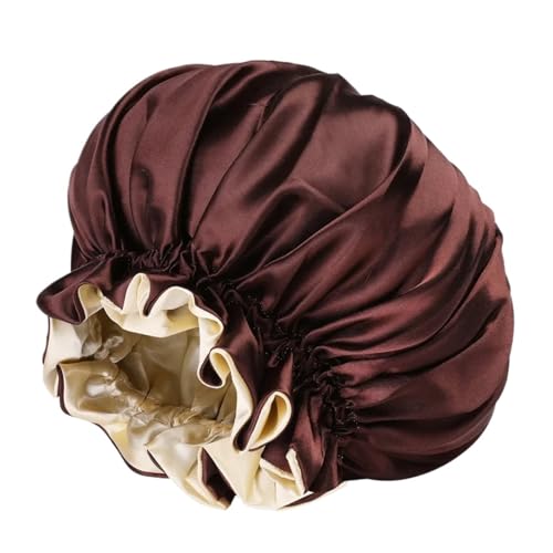 Seidenhaube FüR Frauen Damen Satin Solid Schlafmütze Nachtschlaf Haarpflege Motorhaube Schlummertrunk Seidige Duschhauben Bequeme Unisex-Kappe mit Blumenband FüR Frauen(Coffee) von YILWPV