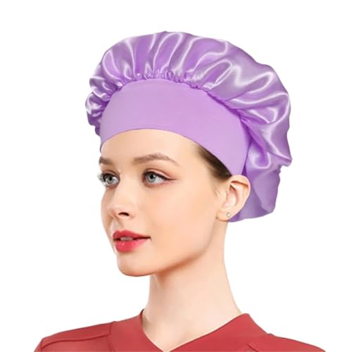 Seidenhaube FüR Frauen Damen Satin Solid Schlafmütze Nachtschlaf Haarpflege Motorhaube Schlummertrunk Seidige Duschhauben Bequeme Unisex-Kappe mit Blumenband FüR Frauen(Light purple) von YILWPV
