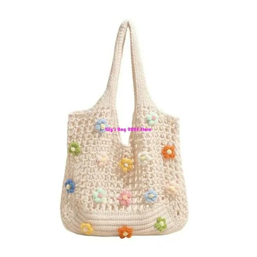 YIMAISZQ Schultertasche Damen Frauen Gestrickte Umhängetasche Mit Blumen Einkaufstasche Hohl Mesh Handtasche Ästhetische Achselhöhle Mode Strandtasche-weiß von YIMAISZQ