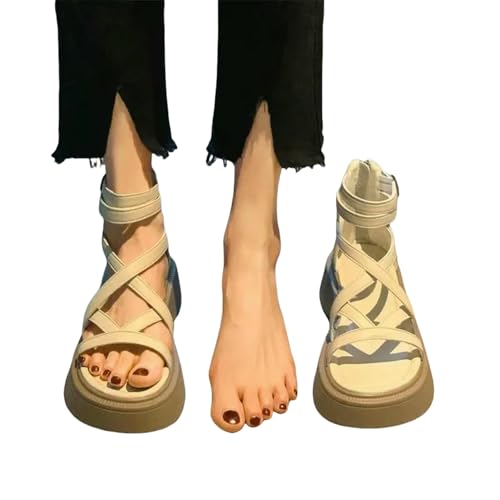 YIMAISZQ sandalen damen Dicke Fersenfrauen Frauen Hohl Offene Toi Schuhe Mode Lässige Weibliche Designer Flache Römische Sommer-cremig-weiß-37 von YIMAISZQ
