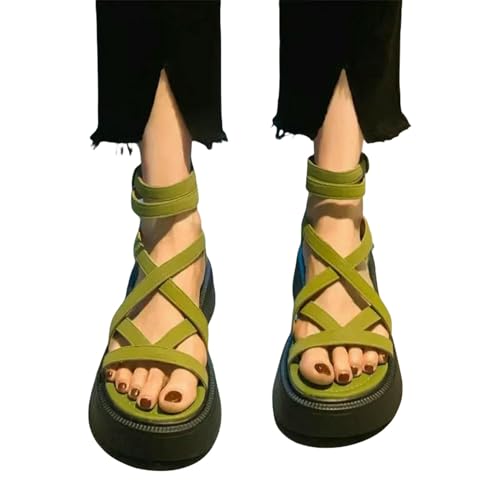 YIMAISZQ sandalen damen Dicke Fersenfrauen Frauen Hohl Offene Toi Schuhe Mode Lässige Weibliche Designer Flache Römische Sommer-grün-38 von YIMAISZQ