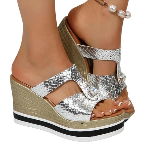 YIMAISZQ sandalen damen Gold Silber Keil Frauen Klobige Plattform Peep Zehen Heels Pantoffeln Frau Sommerdicke Sohle-silber-36 von YIMAISZQ