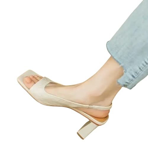 YIMAISZQ sandalen damen Vintage Square Toe One Word Open Sandals Frauen Sommerfischmund Einfach Und Vielseitige Blockabsatz High Heels-reis Weiß-41 von YIMAISZQ