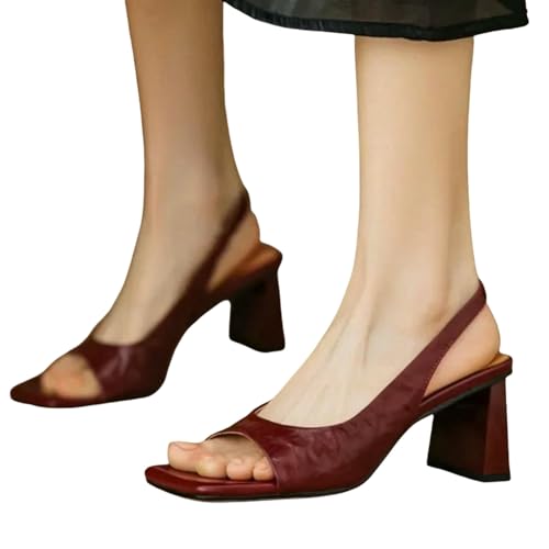 YIMAISZQ sandalen damen Vintage Square Toe One Word Open Sandals Frauen Sommerfischmund Einfach Und Vielseitige Blockabsatz High Heels-weinrot-40 von YIMAISZQ