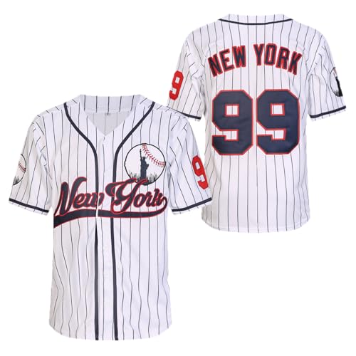Genähte New York 99 Baseball Trikots Shirts Hip Hop Button Down Herren Kleidung für Party Xmas Geschenk, Weiß Nadelstreifen, XL von YIMCANLI