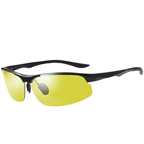 YIMI Herren Photochromatisch Sportbrille Polarisiert Rechteckig Sonnenbrille Al-Mg Metallrahmen Fahrer Anti Reflexbeschichtung 100% UVA UVB Schutz für Golf Angeln Autofahren (Black-8003-Yellow) von YIMI