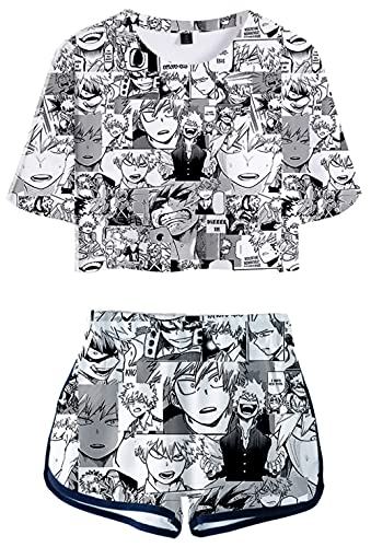 YIMIAO 3D Drucken Damen T-Shirt Shorts Casual Set Anime My Hero Academia Cosplay T Shirts und Shorts Mädchen 2 Stück Outfits Sommer Kurzarmshorts(S) von YIMIAO