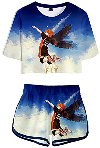 YIMIAO Haikyuu Anime Crop Top T-Shirts und Shorts Sport-Set Karasuno für Mädchen und Frauen 3D Drucken Kageyama Sommer Casual Kurzarm Kurze Hose(M) von YIMIAO