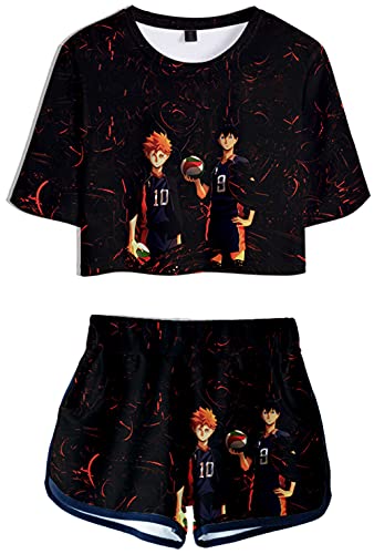 YIMIAO Haikyuu Anime Crop Top T-Shirts und Shorts Sport-Set Karasuno für Mädchen und Frauen 3D Drucken Kageyama Sommer Casual Kurzarm Kurze Hose(M) von YIMIAO