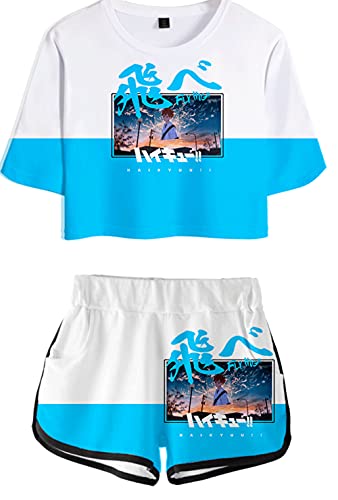 YIMIAO Haikyuu Anime Crop Top T-Shirts und Shorts Sport-Set Karasuno für Mädchen und Frauen 3D Drucken Kageyama Sommer Casual Kurzarm Kurze Hose(M) von YIMIAO