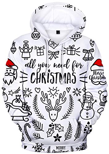 YIMIAO Weihnachten Hoodie Pullover Unisex 3D Druck Christmas Herren Damen Langarm Sweatshirt mit Taschen Kapuzenpullover(L) von YIMIAO
