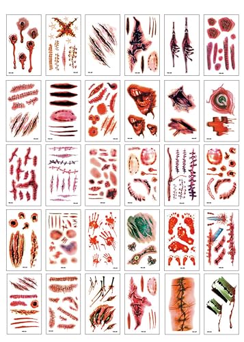 YIMINGOUFEI Halloween Horror Narben Tattoos, 30 Blatt Wasserdichte Temporäre Aufkleber, Blutige Wunden Make-up Effekte YIMINGOUFEI Halloween Horror Narben Tattoos, 30 Blatt Wasserdichte Temporäre Aufkleber, Blutige Wunden Make-up Effekte von YIMINGOUFEI