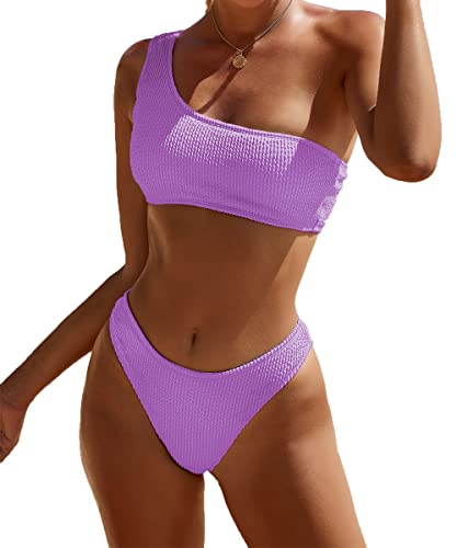 YIMISAN Damen-Bikini-Set aus geripptem Stoff, einschultriges Oberteil, niedrige Taille, zweiteiliger Badeanzug, Violett, S von YIMISAN